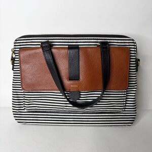 Fossil Kinley Satchel Purse Handbag Striped Black White Brown Rectangle Boho